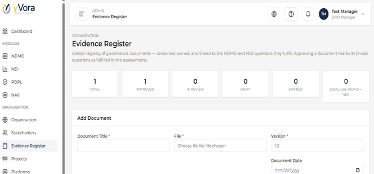 yVora evidence register interface